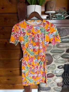 Zara Tropical Side Cut Outs Print Ruched Cut Out Drawstring Sides Mini Dress